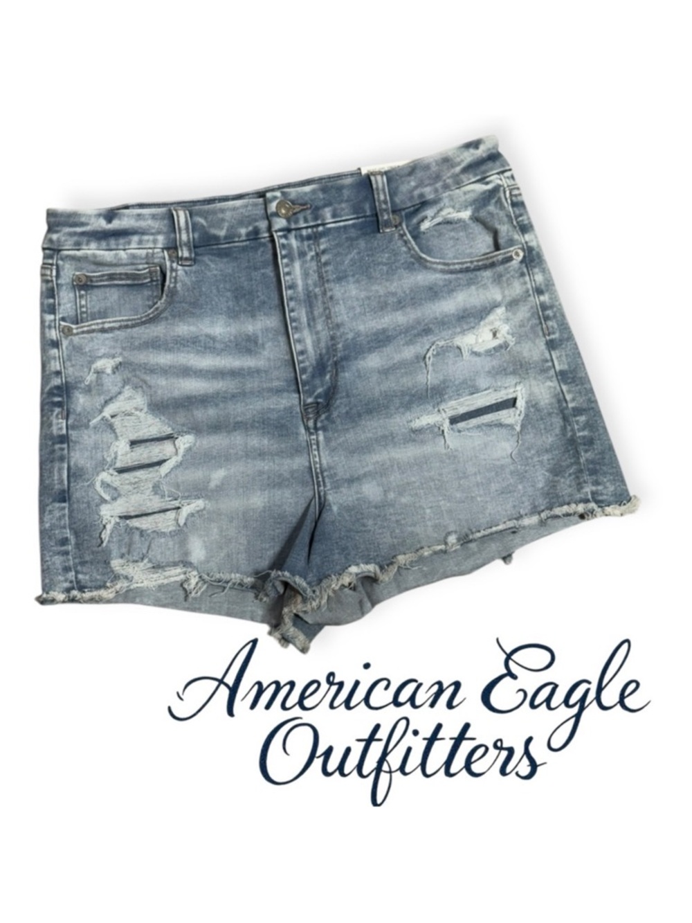 American Eagle Curvy Hi-Rise Shortie Jean Shorts distressed blue denim size 14